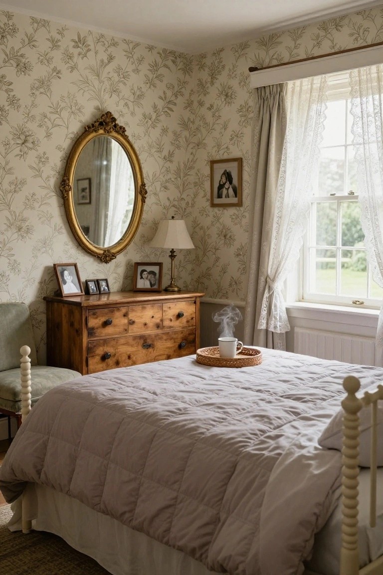 Bedroom corner with beige floral wallpaper, ornate gold oval mirror, wooden dresser topped with framed photos, lamp, and incense stick, spool bed with gray quilt and rattan tray holding a teacup, green armchair nearby, and lace-curtained window.