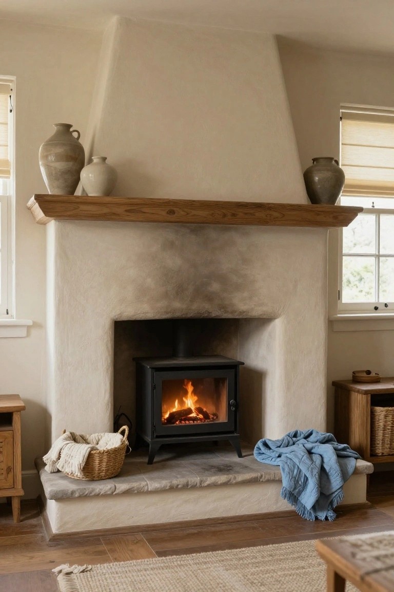 Beige curved plaster fireplace with wooden mantel surrounding a lit black wood-burning stove, terracotta pots on the mantel, log basket and blue throw on the stone hearth, wooden side tables, and windows in a room with wood floors.