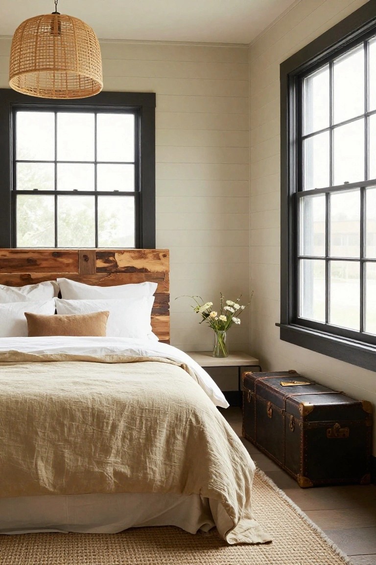 Bedroom with rattan pendant light over bed featuring reclaimed wood headboard, white pillows and beige linen bedding, nightstand holding vase of white flowers, vintage leather trunk on floor beside bed, black-framed windows, light shiplap walls, seagrass rug on wood floor.