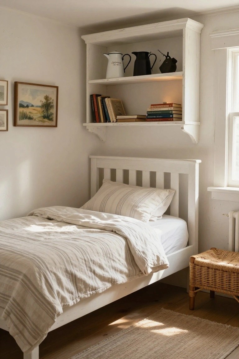 White single bed with striped linen bedding in a bright bedroom featuring open white wall shelves above displaying books, white teapot, black pitchers, and a metal sculpture, with two small framed paintings on the wall and a wicker stool nearby.