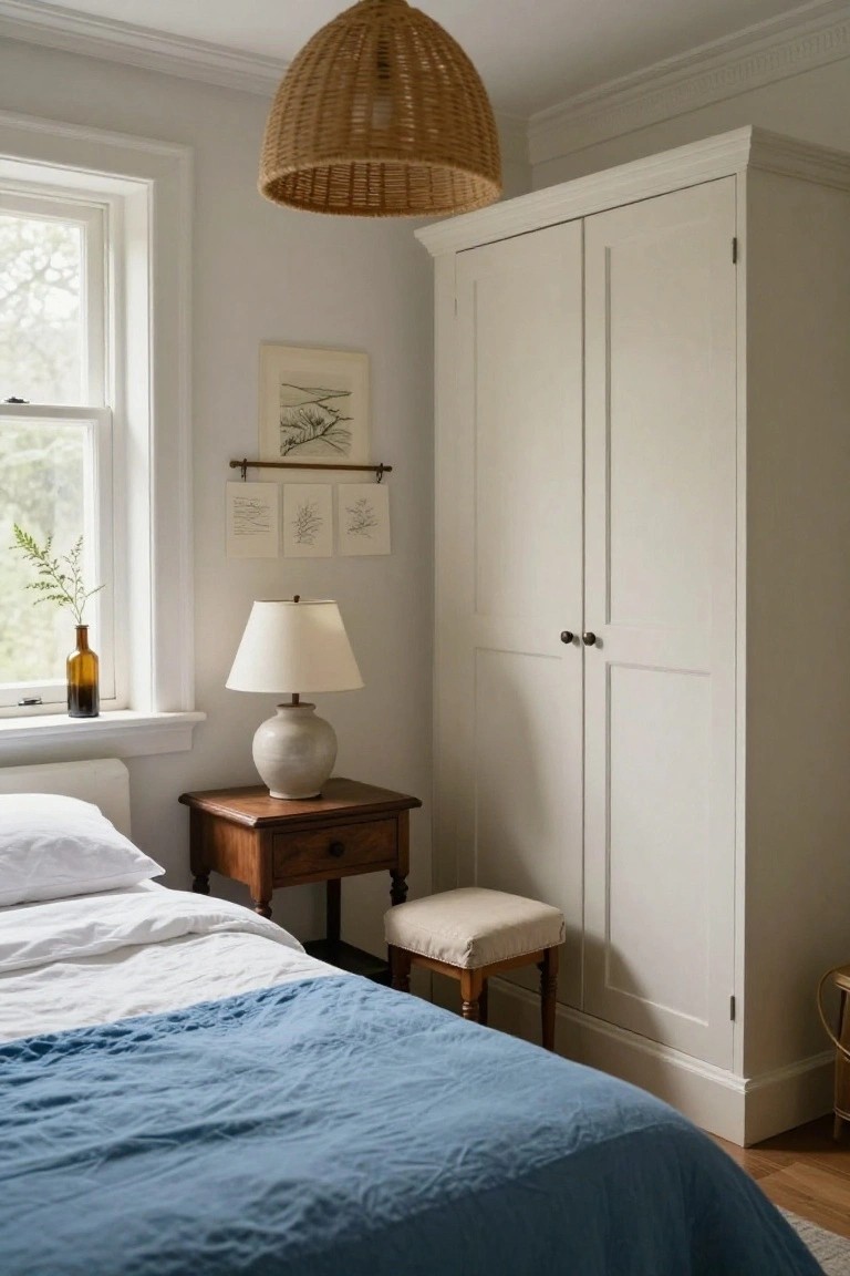 Bedroom corner with tall white double-door wardrobe, wooden nightstand holding a ceramic lamp, bed draped in white sheets and blue linen duvet, rattan pendant light overhead, and window view of greenery.