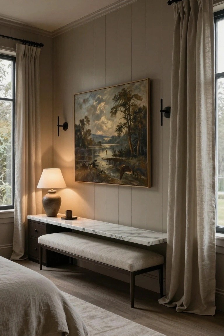 Bedroom corner with a dark wood console table topped in white marble holding a beige upholstered bench, terracotta lamp, small cup on saucer, large framed landscape painting on beige vertical plank wall, linen curtains on two windows, and edge of bed visible.