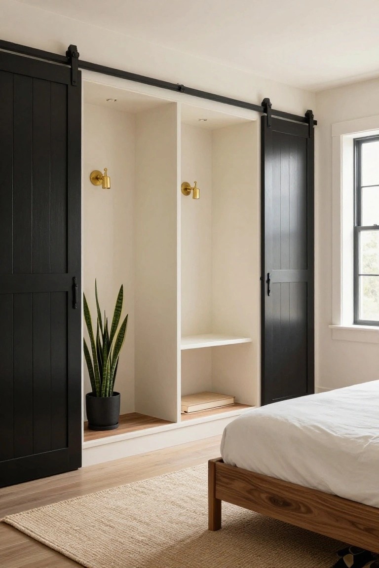 Black sliding barn doors open on a built-in white wardrobe in a bedroom with gold sconces, a snake plant in a black pot, wooden bench, light wood floors, beige rug, and wooden bed frame.