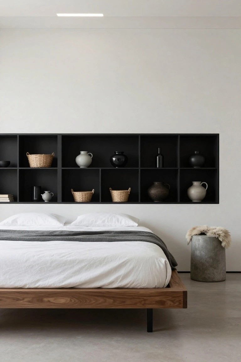 A minimalist bedroom with a low walnut platform bed draped in white linens and a gray throw, black recessed cubby shelves above the headboard filled with ceramic pots, woven baskets, and books, a concrete bucket with sheepskin nearby, white walls, and polished concrete floor.