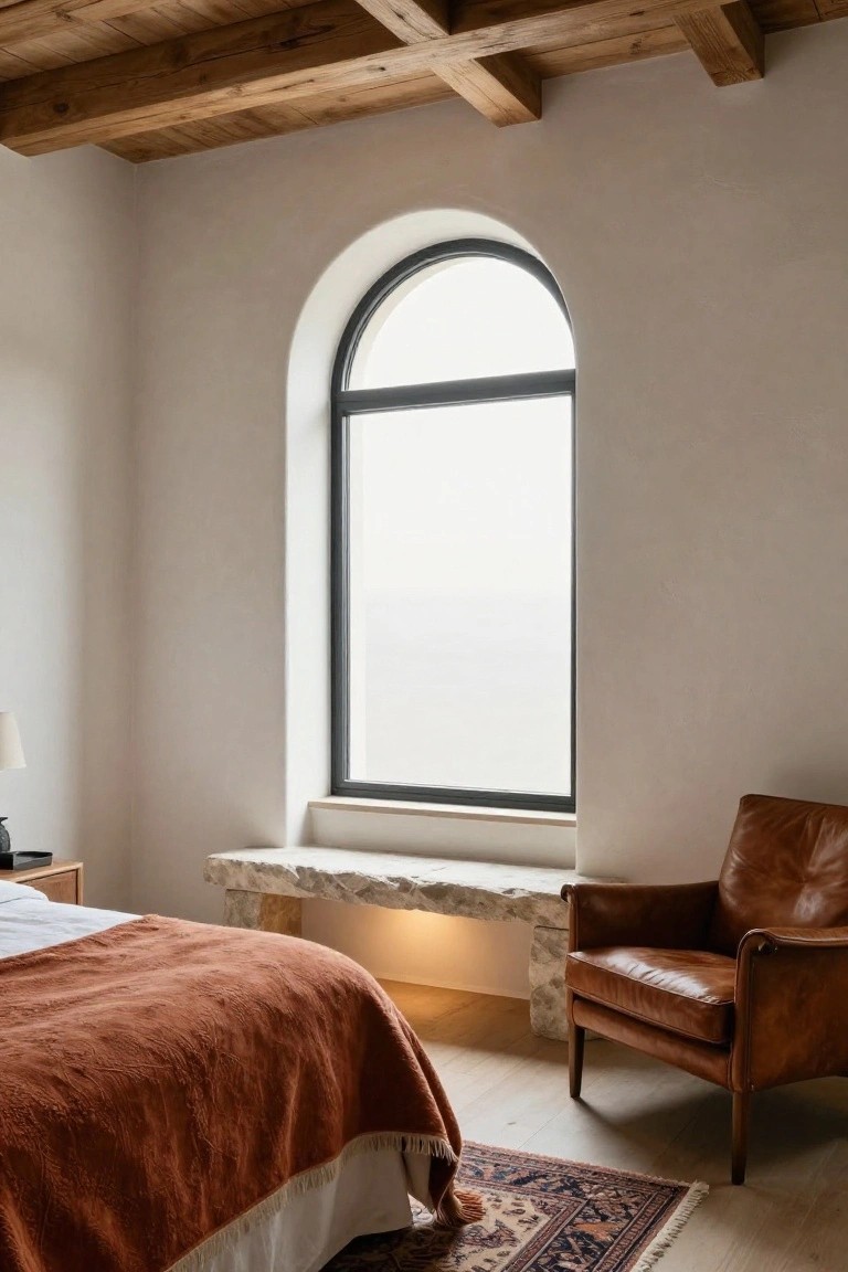 Bedroom interior with exposed wooden beam ceiling, large arched black-framed window with frosted glass, rough stone bench below the window, tan leather armchair, bed with white sheets and terracotta throw, side table with lamp, and Persian-style rug on light wood floor.