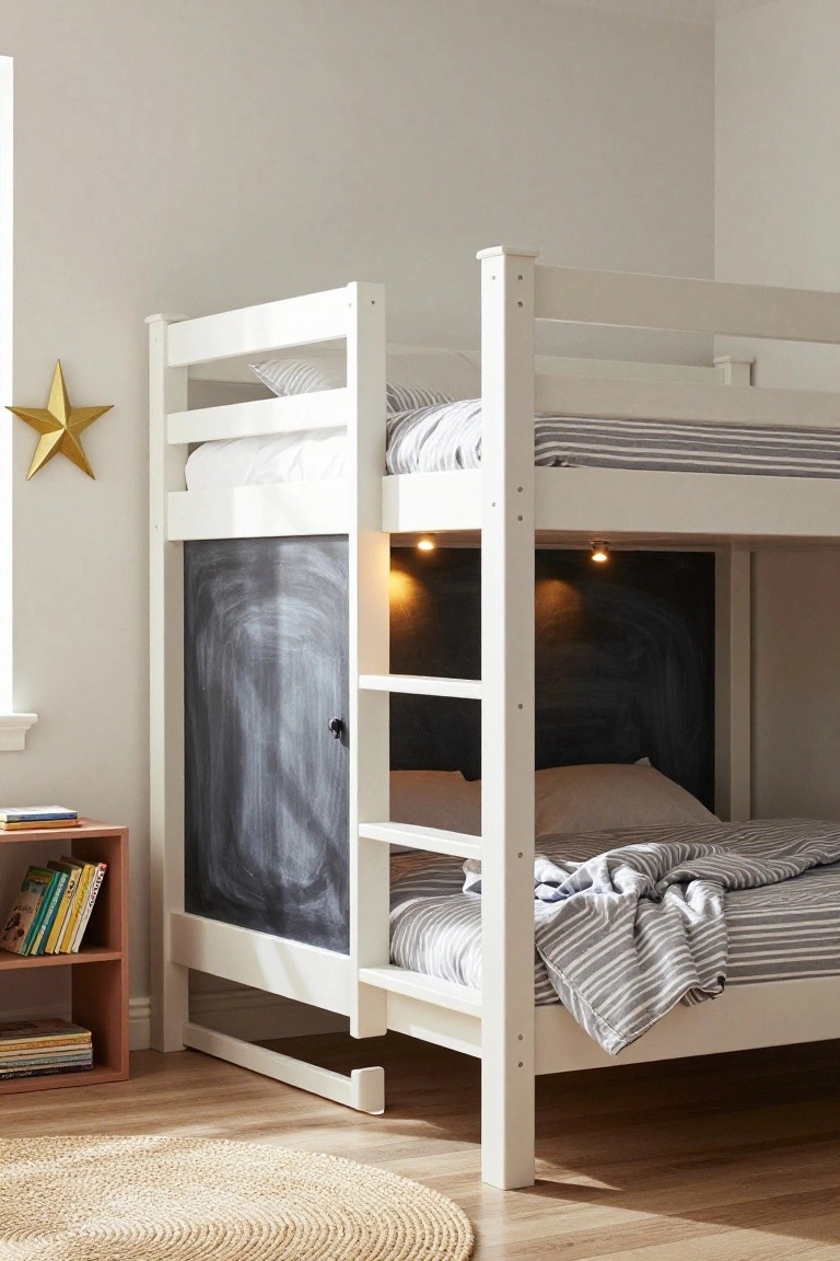 White wooden bunk bed featuring a chalkboard panel on the lower bunk side, integrated puck lights above it, striped bedding, and a small bookshelf nearby in a light gray bedroom with wood floors.