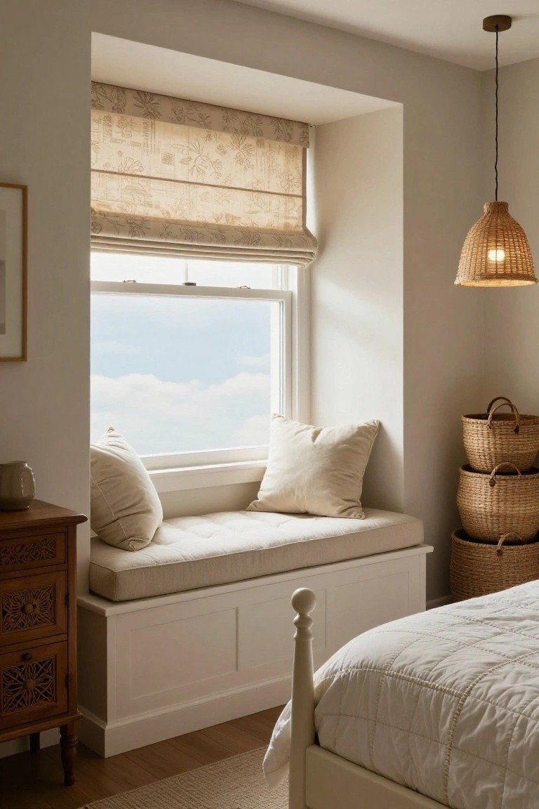 Bedroom corner with a cushioned built-in window seat under a large sash window, white pillows, stacked woven baskets, wooden dresser, and partial view of a white bed.