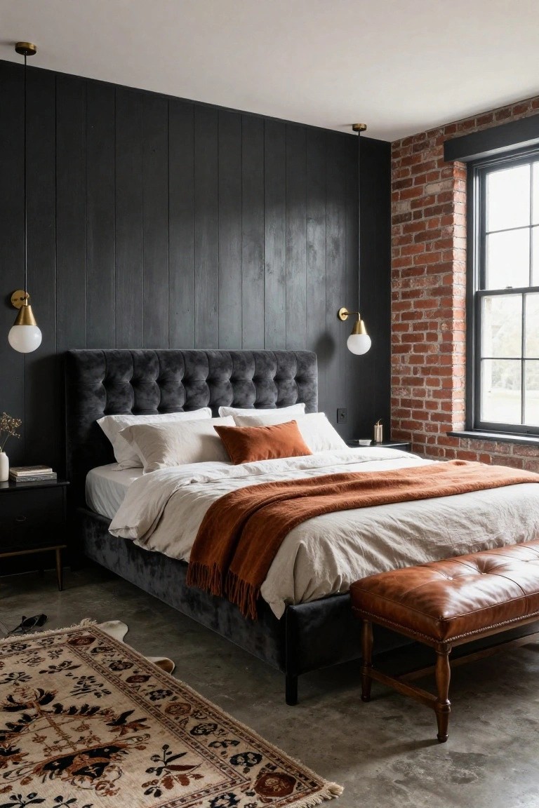 Bedroom with dark vertical wood-paneled wall behind tufted gray velvet bed dressed in white linens and orange throw, exposed brick side wall, leather bench at foot, bedside tables, pendant lights, and patterned rug on concrete floor.