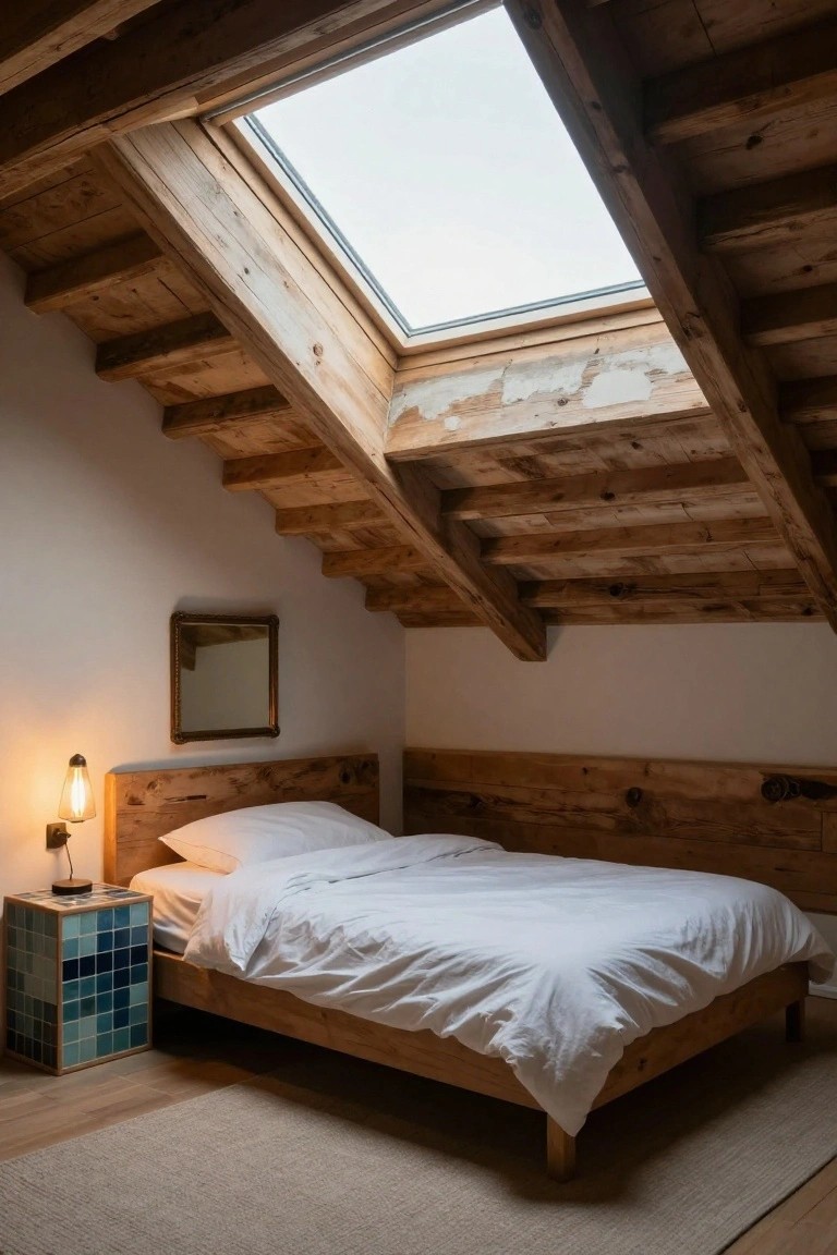 Bedroom under sloped ceiling with exposed wooden beams and skylight, wooden bed with white bedding, bedside lamp on tiled table, and wooden walls.