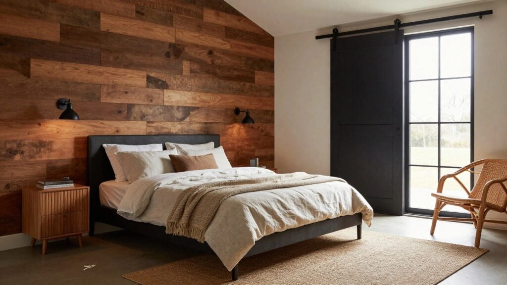 Bedroom with mixed-tone reclaimed wood plank accent wall behind gray upholstered bed with white bedding and beige throw, black sliding barn door, wicker chair, and jute rug.