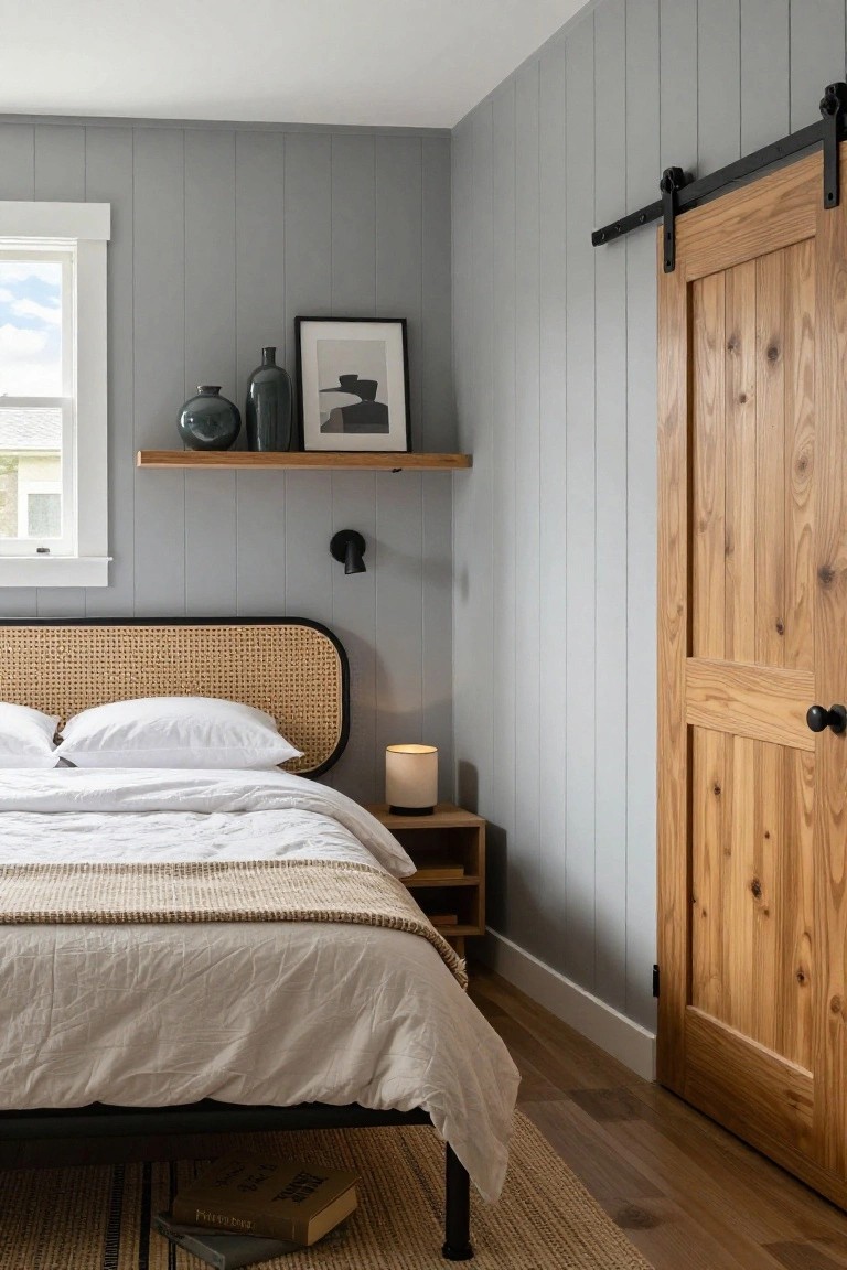 A bedroom interior featuring light gray vertical shiplap walls, a bed with rattan headboard and white bedding, wooden nightstand with lamp, floating wooden shelf with black vases and framed art, black wall sconce, and a wooden barn-style sliding door, with hardwood floors and a jute rug.