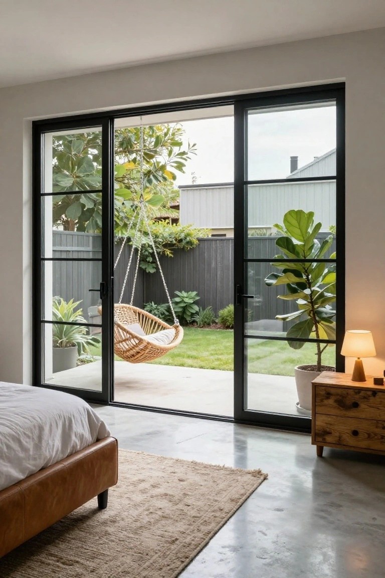Modern bedroom with white bed on tan leather platform, polished concrete floor, open black-framed sliding glass doors to backyard garden showing woven hanging swing, potted plants, and wooden dresser with lamp.