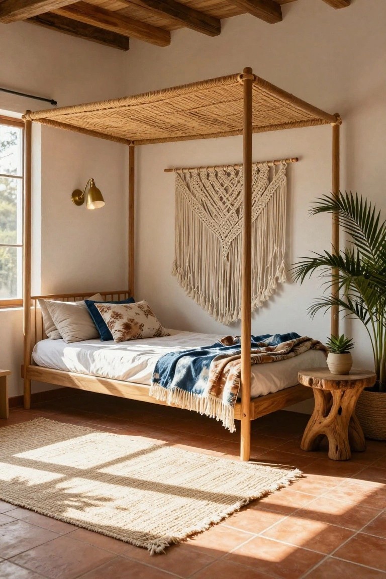 Cozy bedroom with a wooden bed, macramé wall decor, plants, and natural light.