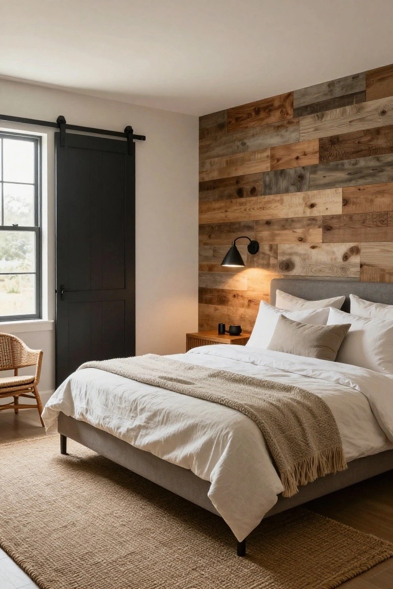 Bedroom with mixed-tone reclaimed wood plank accent wall behind gray upholstered bed with white bedding and beige throw, black sliding barn door, wicker chair, and jute rug.