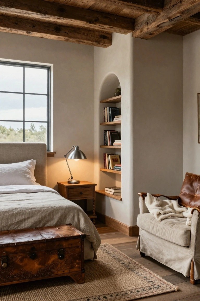 Bedroom interior with dark exposed wooden beams on the ceiling, curved beige walls with built-in arched shelving holding books, a low wooden bed with white linens, wooden nightstand and lamp, leather armchair with throw, trunk at bed foot, jute rug, and window view of trees.