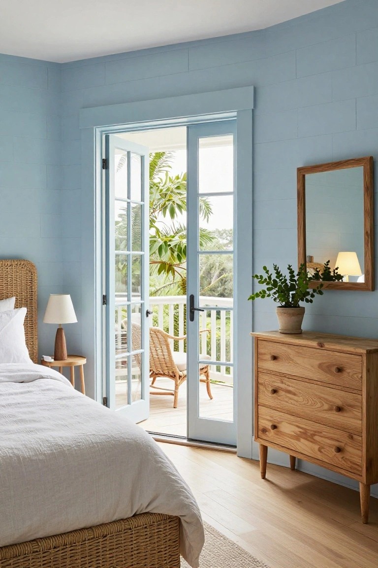 Bedroom with light blue shiplap walls, rattan headboard bed dressed in white linens, wooden nightstand and low dresser, open white French doors to a balcony with wicker chairs and tropical plants outside.