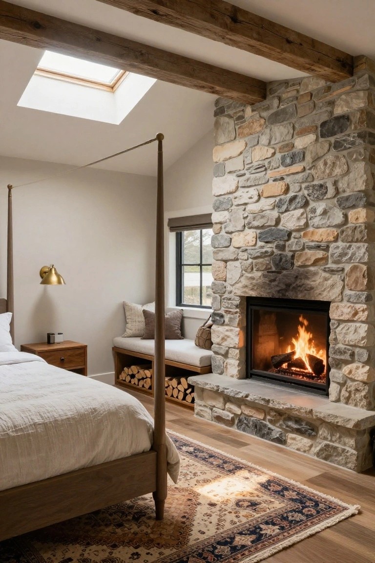 Bedroom with wood canopy bed, beige walls, exposed beam ceiling, skylight, side table with lamp, cushioned bench, and large stone fireplace containing a fire and firewood stored underneath the hearth bench.