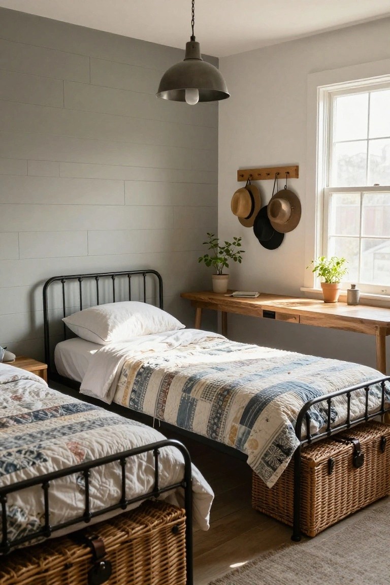 A bedroom with two black metal twin beds covered in colorful patchwork quilts, each with a wicker trunk at the foot, a wooden bench desk nearby, potted plants, hanging hats, and a window letting in sunlight.
