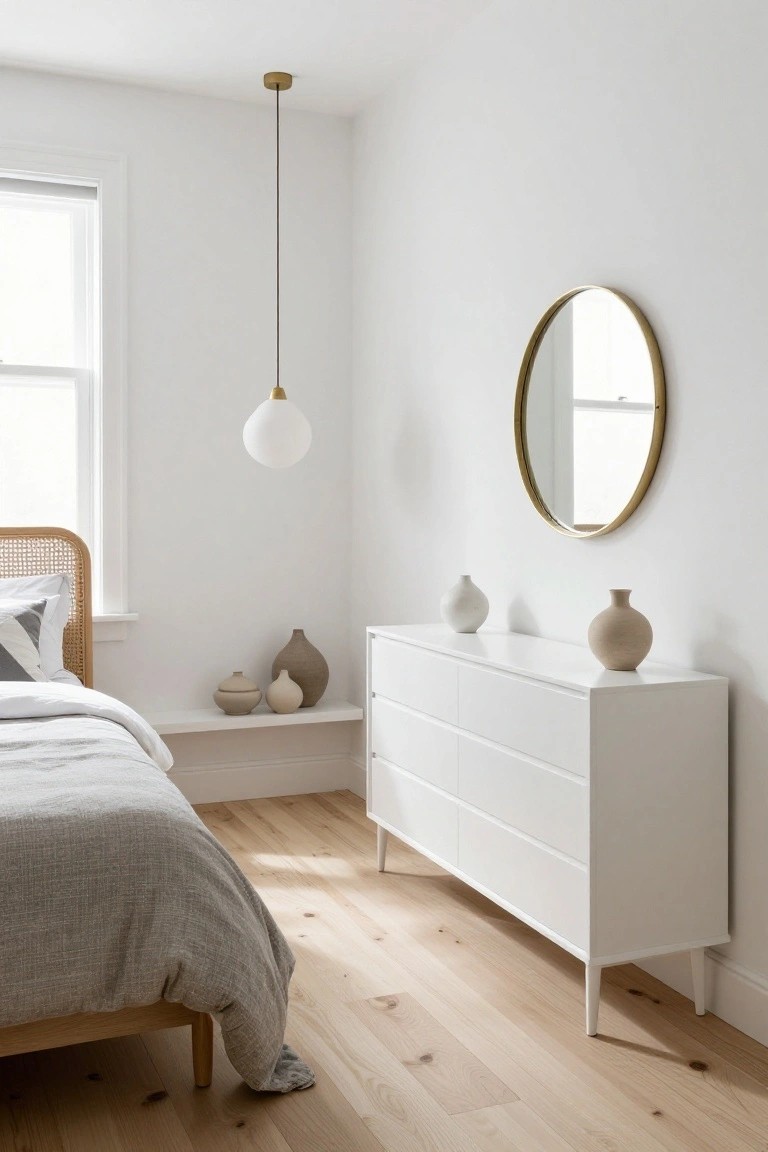 A bedroom corner with rattan bed frame and gray textured bedding, white six-drawer dresser topped and shelved with assorted beige and white ceramic vases and jars, gold-framed round mirror on white wall, and white globe pendant light from ceiling.