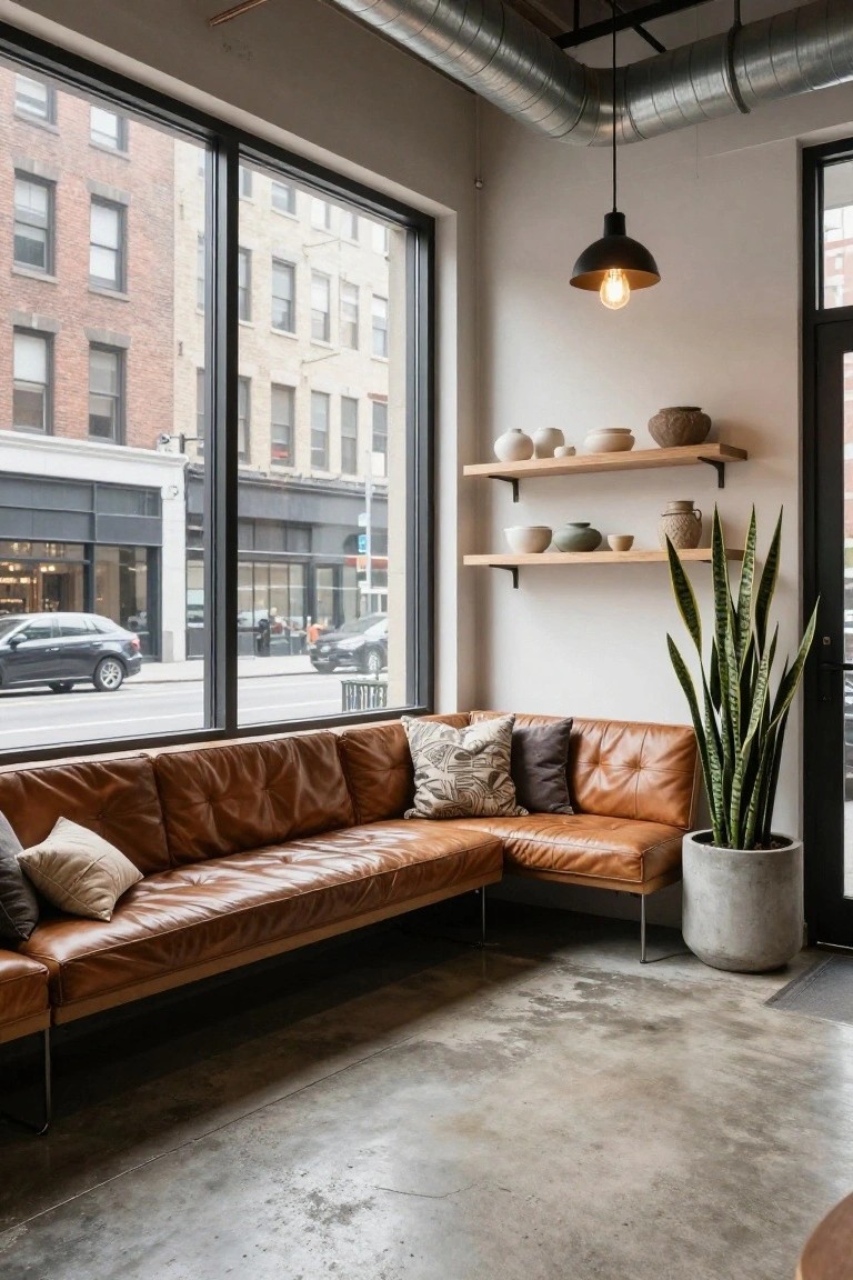 Indoor room with tan L-shaped leather sofa in corner by large street-view windows, wooden shelves holding pottery, tall snake plant in white pot, exposed metal ducts, pendant light, and polished concrete floor.