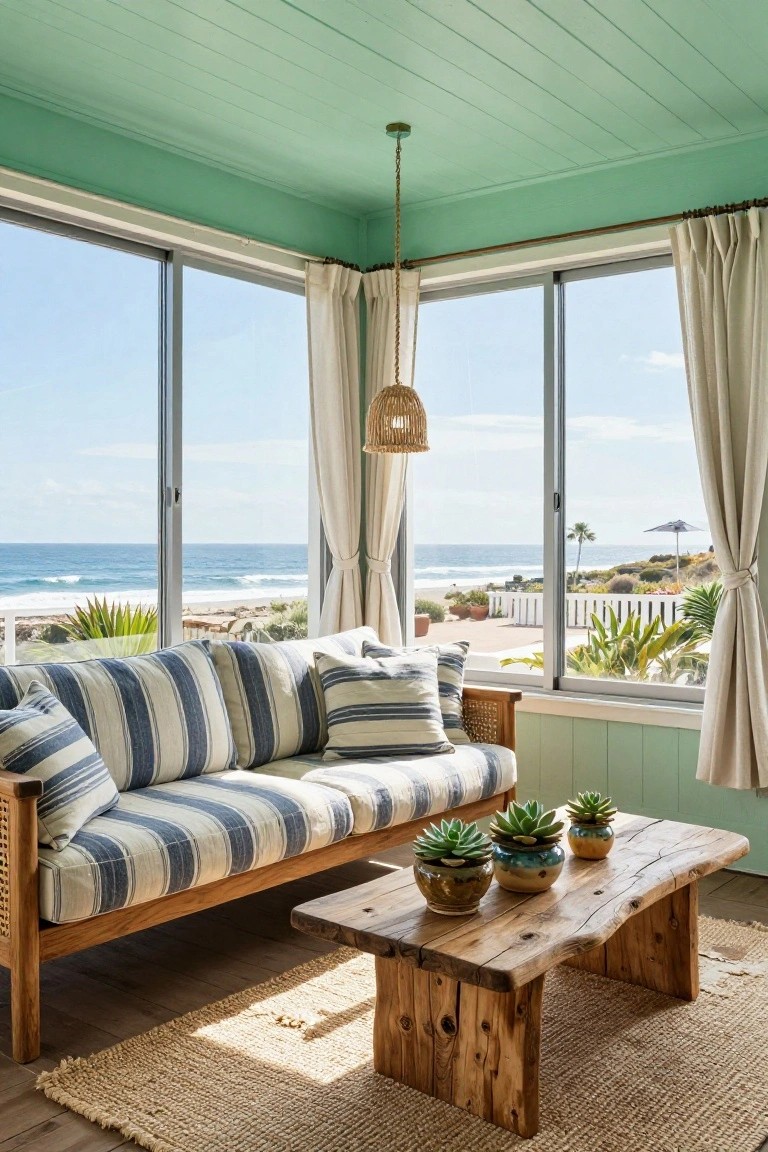 Sunroom interior with mint green shiplap ceiling and walls, white curtains on large windows overlooking ocean and beach, striped sofa, rattan accents, wooden coffee table with potted succulents, and seagrass rug.