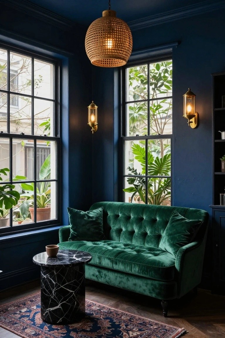 Corner of a deep navy blue room with emerald green tufted velvet loveseat, black marble pedestal side table holding a small cup, potted plants near large sash windows, rattan pendant light, brass wall sconces, and patterned rug on wood floor.
