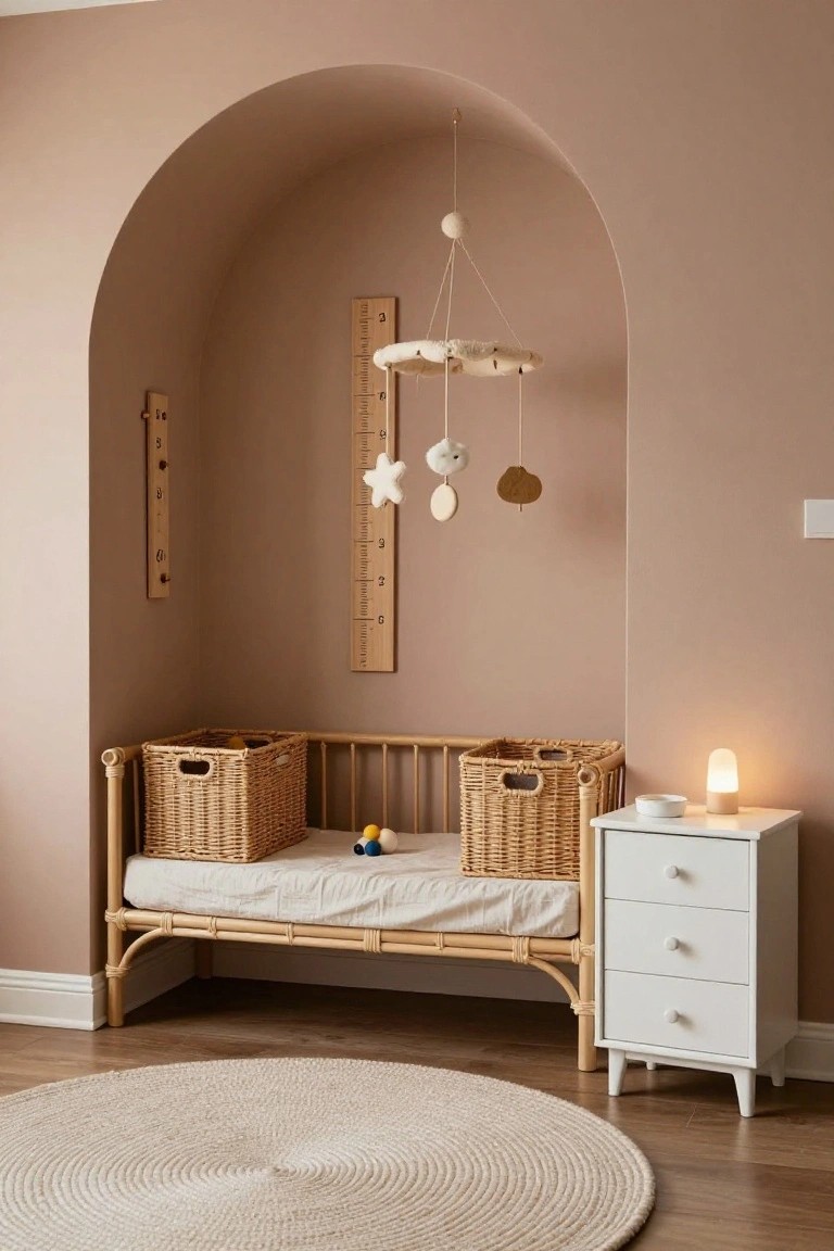 Arched pink wall recess containing a rattan crib with wicker storage baskets on either side, wooden height chart, hanging mobile with felt shapes, white nightstand with lamp, and round seagrass rug on wood floor.