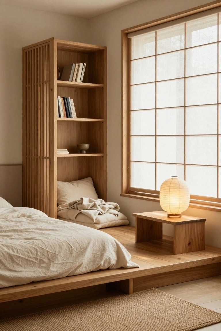 Light wooden platform bed with beige linens in a minimalist beige bedroom, next to tall latticed wooden shelving unit with books and ceramics, low wooden side table holding white paper lantern by window with shoji-style blinds.