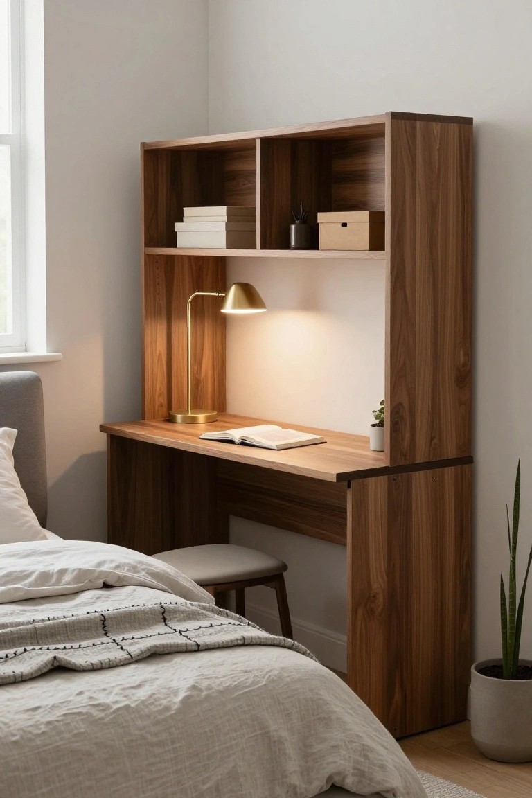 Walnut wood desk with open shelves above, gold arc lamp lit on desk with open book, stool nearby, next to bed with white linens and potted plants in light bedroom corner.