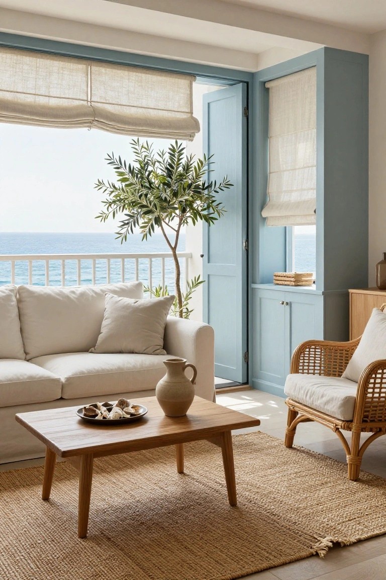 Living room featuring a white sofa, wooden coffee table with plate of shells, rattan chair, olive tree plant, and light blue built-in cabinets and open balcony doors overlooking the ocean.