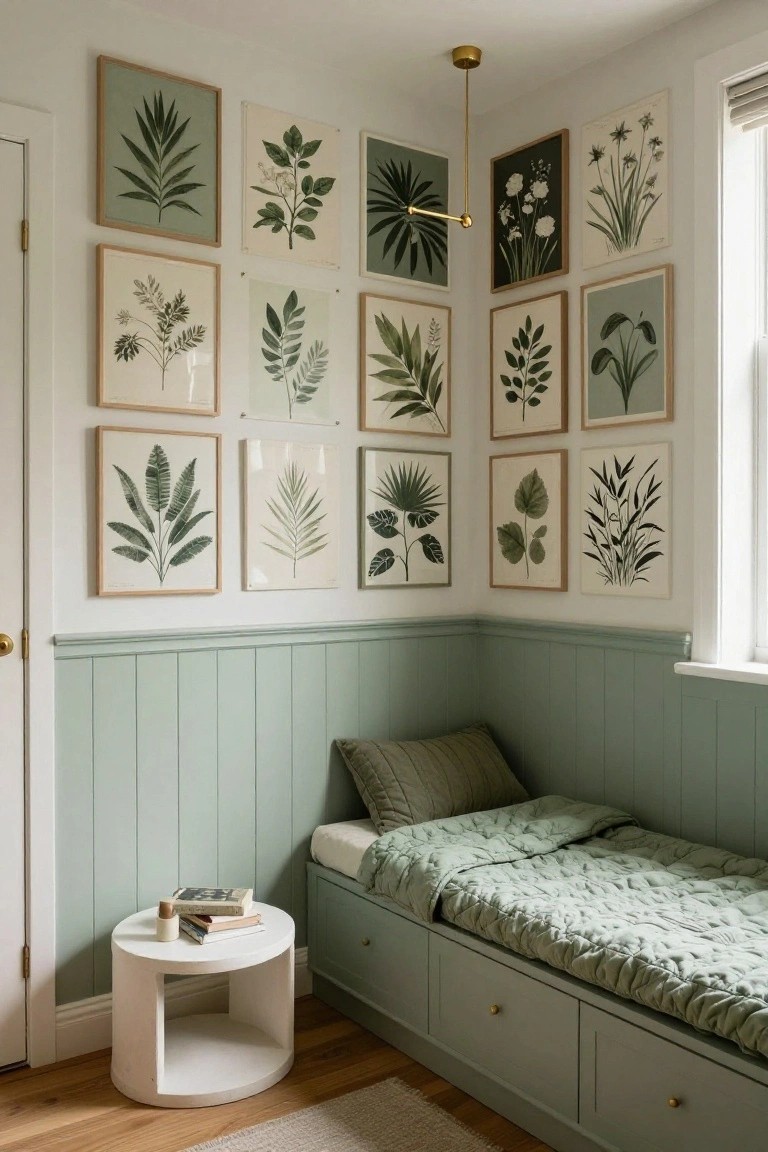 Corner bedroom nook with pale green paneled lower walls, built-in daybed covered in green quilt and pillows, white round side table with books, and gallery wall of twelve framed botanical leaf and plant prints in wood, white, and clear frames.