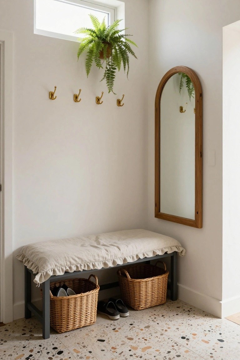 White entryway corner with beige ruffled bench cushion on black frame holding two wicker baskets with shoes inside, four gold wall hooks, tall arched wooden mirror, hanging fern plant by clerestory window, and speckled terrazzo floor.