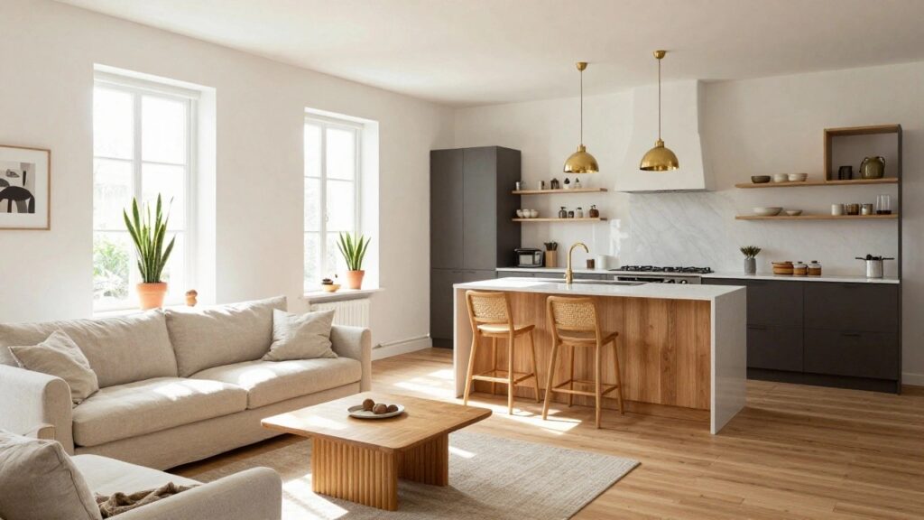 Open-plan interior with white kitchen cabinets, black oven, marble-topped wooden island bar with two rattan stools, adjacent beige linen sofa on hardwood floors, large sash windows with potted snake plants, brass pendant light above.