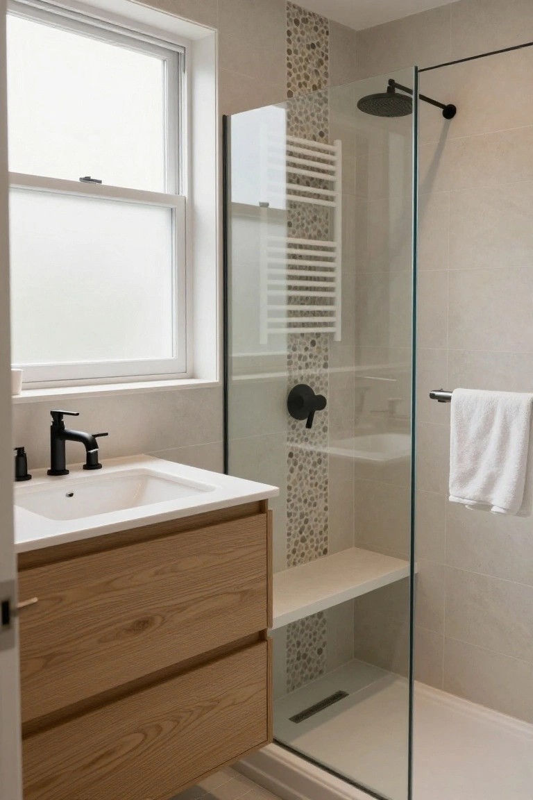 Compact modern bathroom with frameless glass walk-in shower, oak wood vanity and drawers, black matte faucets and showerhead, pebble mosaic tile accent wall, towel rail, and beige wall tiles next to a frosted window.