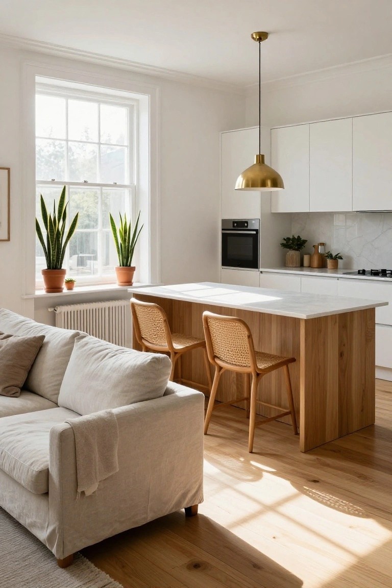 Open-plan interior with white kitchen cabinets, black oven, marble-topped wooden island bar with two rattan stools, adjacent beige linen sofa on hardwood floors, large sash windows with potted snake plants, brass pendant light above.