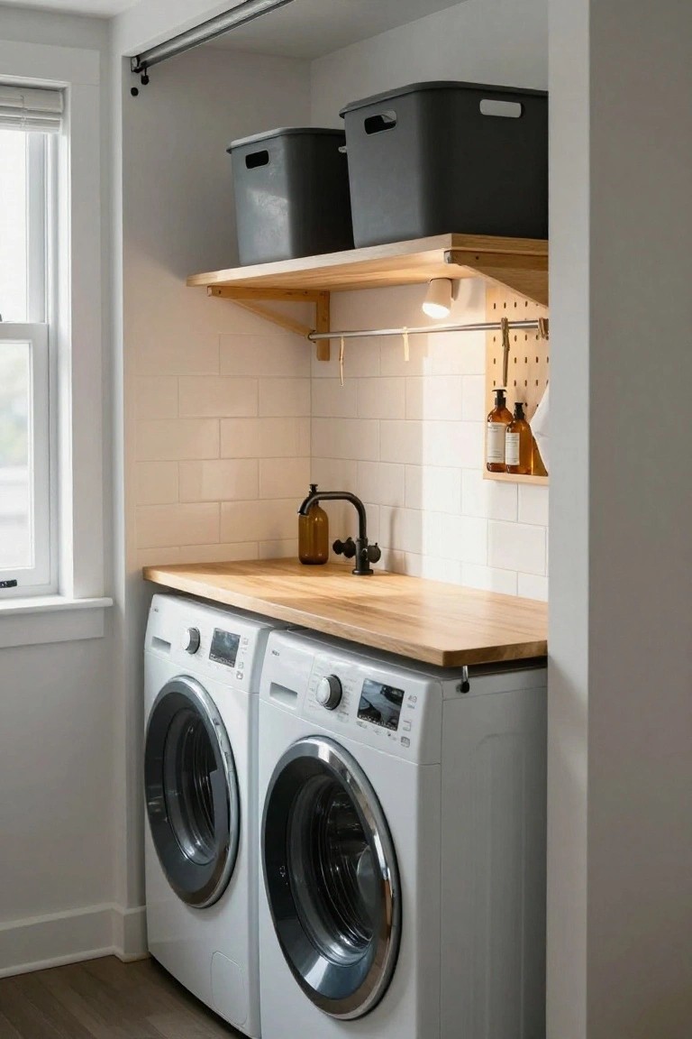 Modern laundry area with white washers, wooden countertop, gray storage bins, and wall shelves.