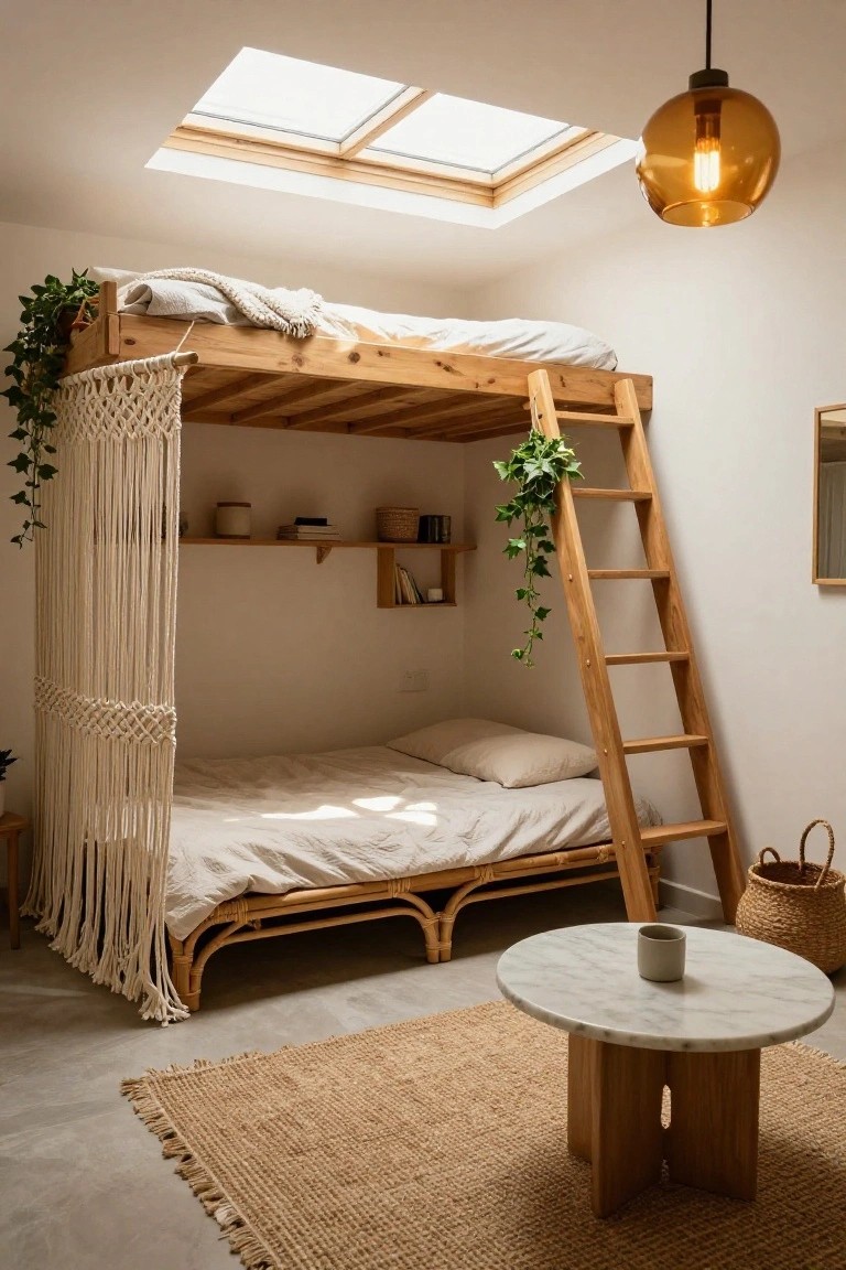 A small bedroom with a wooden loft bed featuring a ladder, macrame curtains, trailing plants, shelves, a lower rattan bed frame, marble side table, seagrass rug, and skylight overhead.