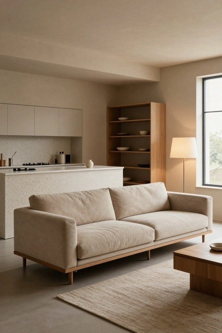 Open-plan interior with white kitchen cabinets over a speckled white island counter, wooden shelving unit stocked with dishes, light beige two-seat sofa, wooden low coffee table, and seagrass rug on a light concrete floor next to a large window.