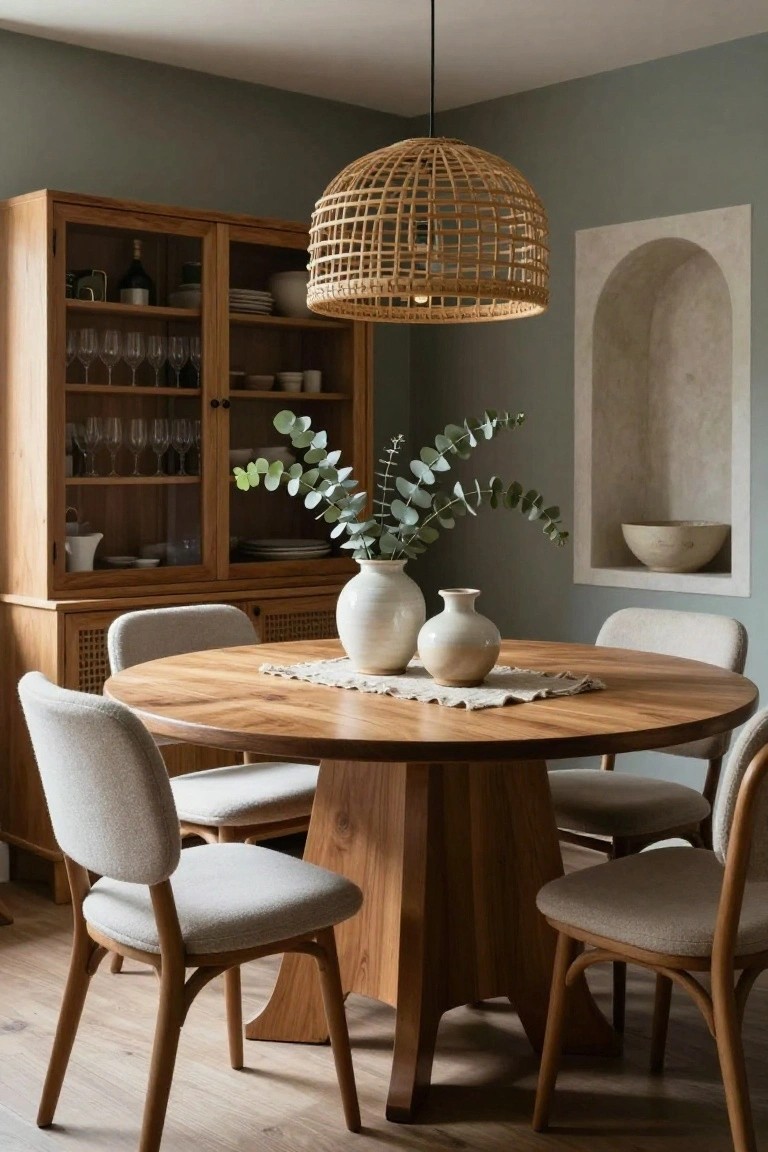 A sage green dining room corner featuring a round wooden pedestal table with four light gray upholstered chairs, a matching wooden cabinet with glass doors, two white vases and eucalyptus on the table, and a large rattan pendant light overhead.