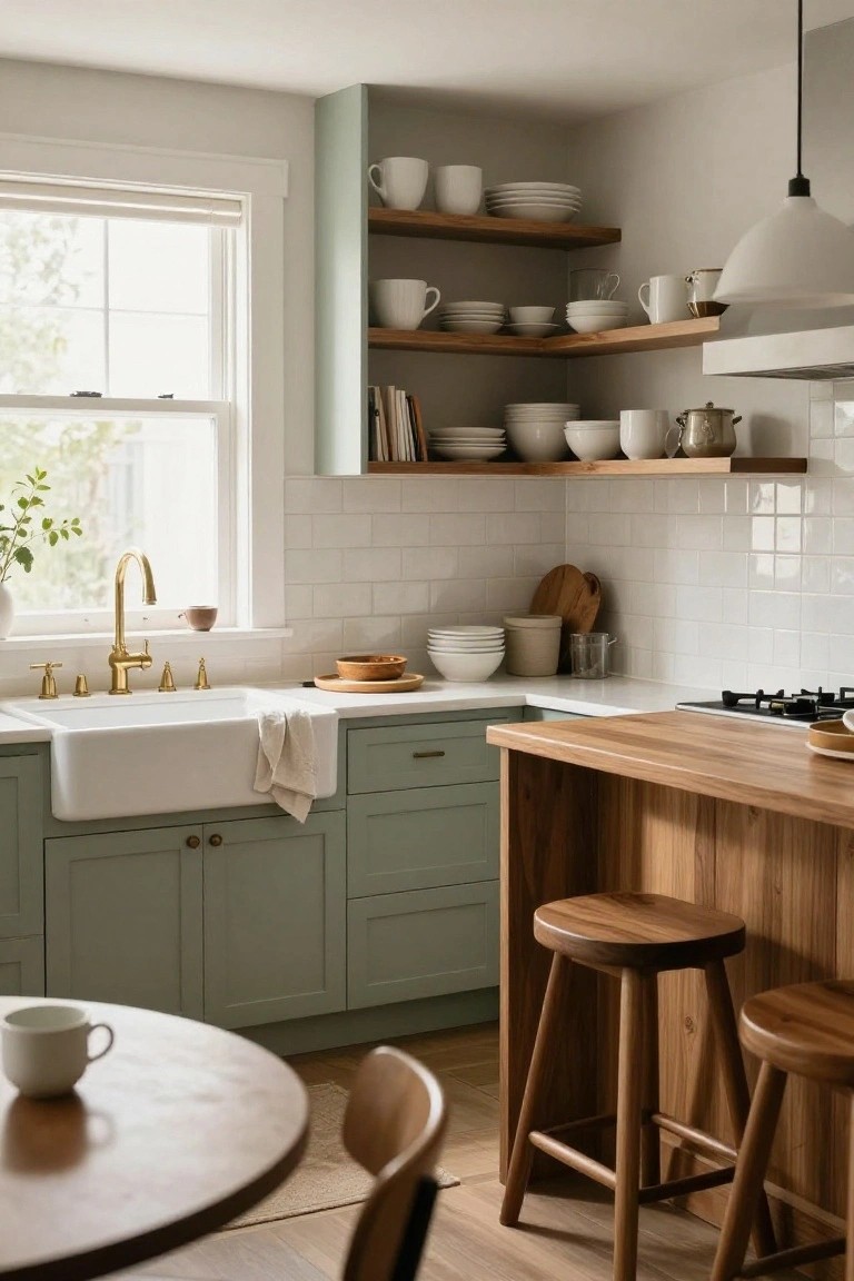Kitchen with sage green lower cabinets, white subway tile backsplash, wooden open shelves holding white bowls and cups, white farmhouse sink with gold faucet, wooden peninsula island with two stools, and a round wooden table nearby.