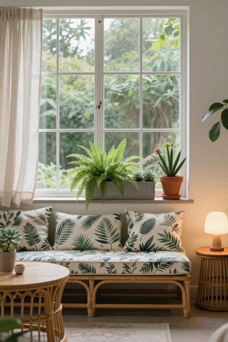 Sunlit interior window nook with rattan daybed topped by green leaf-patterned cushions, potted fern in concrete planter and succulents on the wide wooden sill, small rattan table, woven side table with lamp, and plants nearby.
