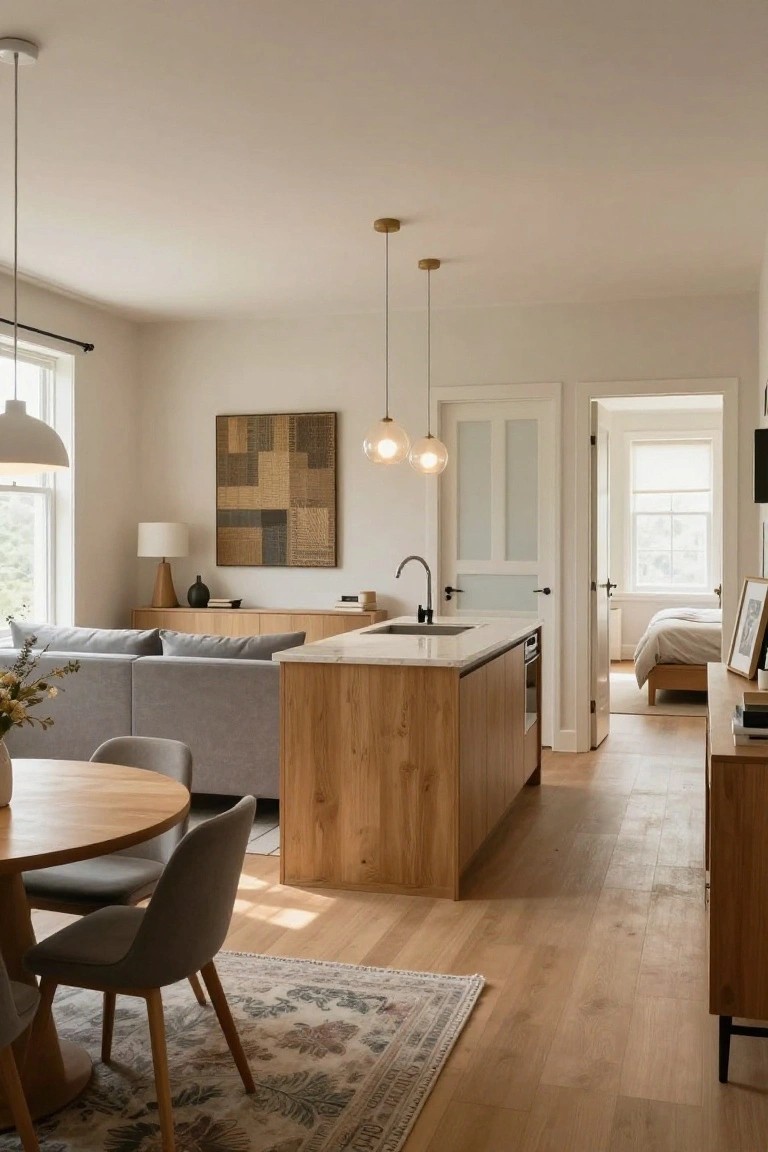 Open-plan apartment interior featuring a light wood kitchen island with white countertop, adjacent gray sofa, round wood dining table with gray chairs, beige rug, and open doors to a bedroom.