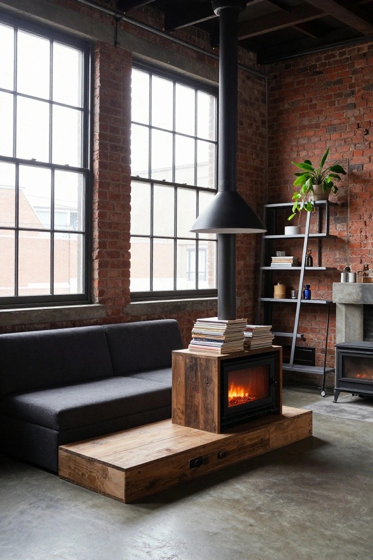 Industrial-style living room interior with exposed brick walls, large metal-framed windows, low gray sofa, central raised wooden platform enclosing a lit fireplace, metal shelving unit with plants and books, and polished concrete floor.
