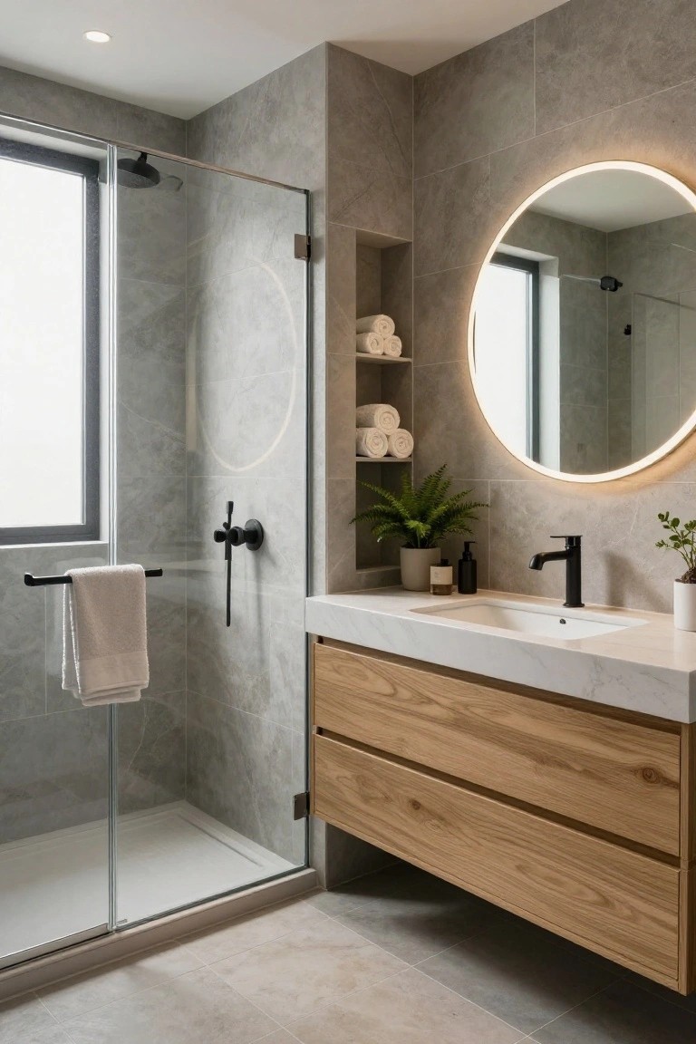 Modern bathroom featuring gray tiles, wooden vanity, round mirror, shower, and towels.