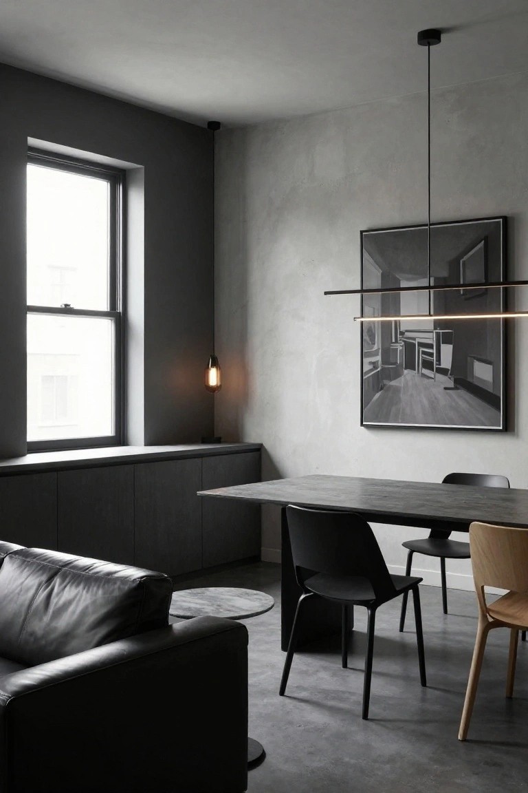 Apartment interior showing low black cabinets along a textured gray wall, a long gray dining table with black molded chairs and wooden chairs, black leather sofa, small round table, linear LED pendant light, wall art, table lamp, and tall window.