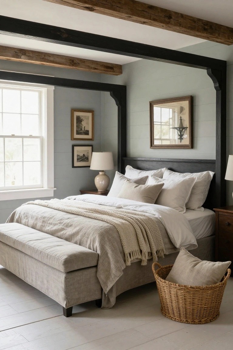 Bedroom with black wood canopy bed frame, neutral white and beige linens and pillows, sage green shiplap walls, exposed black ceiling beams, two nightstands with lamps, and linen-upholstered bench at bed foot next to woven basket on hardwood floor.