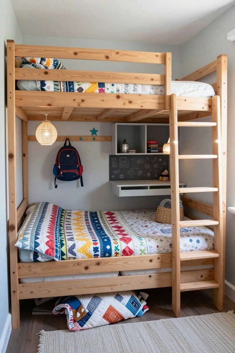 Wooden bunk bed in a corner of a child's bedroom with lower bed neatly made, upper bed with folded bedding, integrated desk drawer and open shelves holding books and lamp, navy backpack hanging nearby, and woven pendant light overhead.