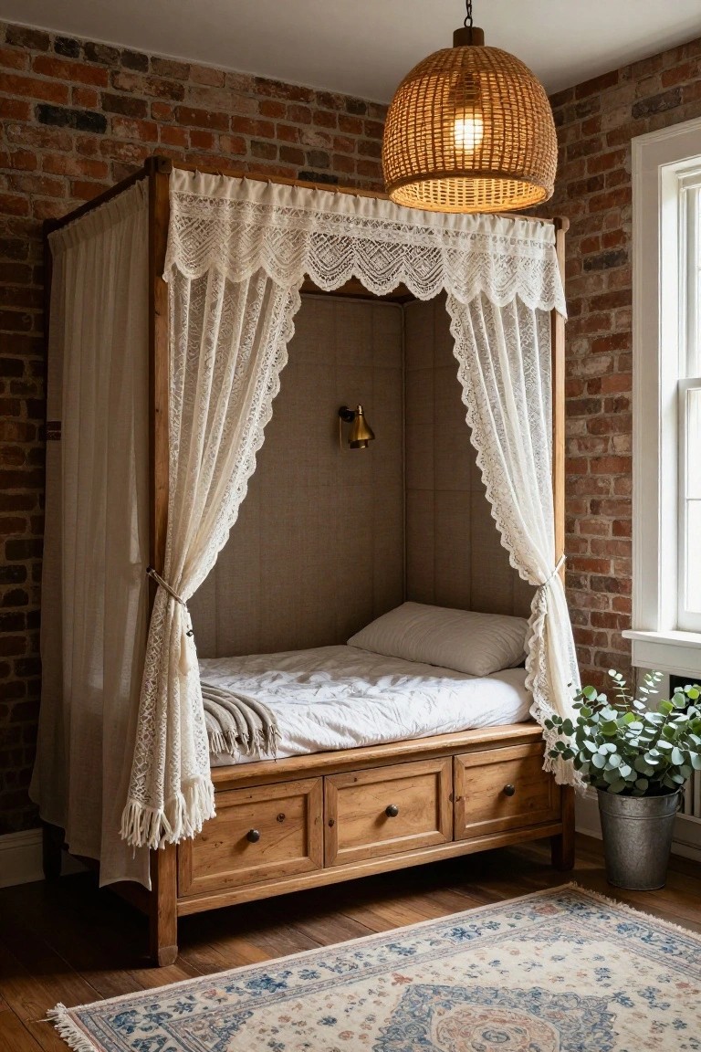 Freestanding wooden canopy bed with white lace curtains and a single mattress, positioned against a brick wall in a bedroom with a rattan pendant light, wall sconce, potted eucalyptus, and patterned rug on hardwood floor.