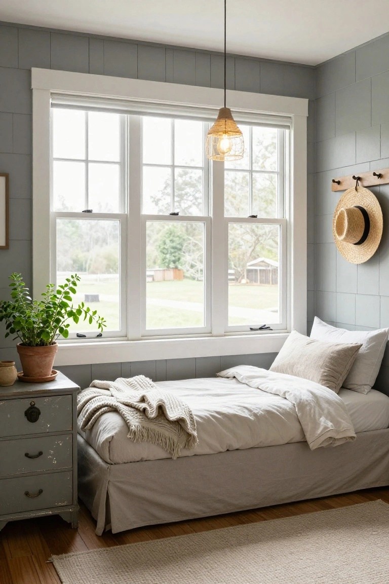 Bedroom interior with a low white daybed under a large white-framed triple window overlooking a rural landscape, gray shiplap walls, potted green plant and antique dresser beside the bed, woven pendant light, and straw hat on hooks.