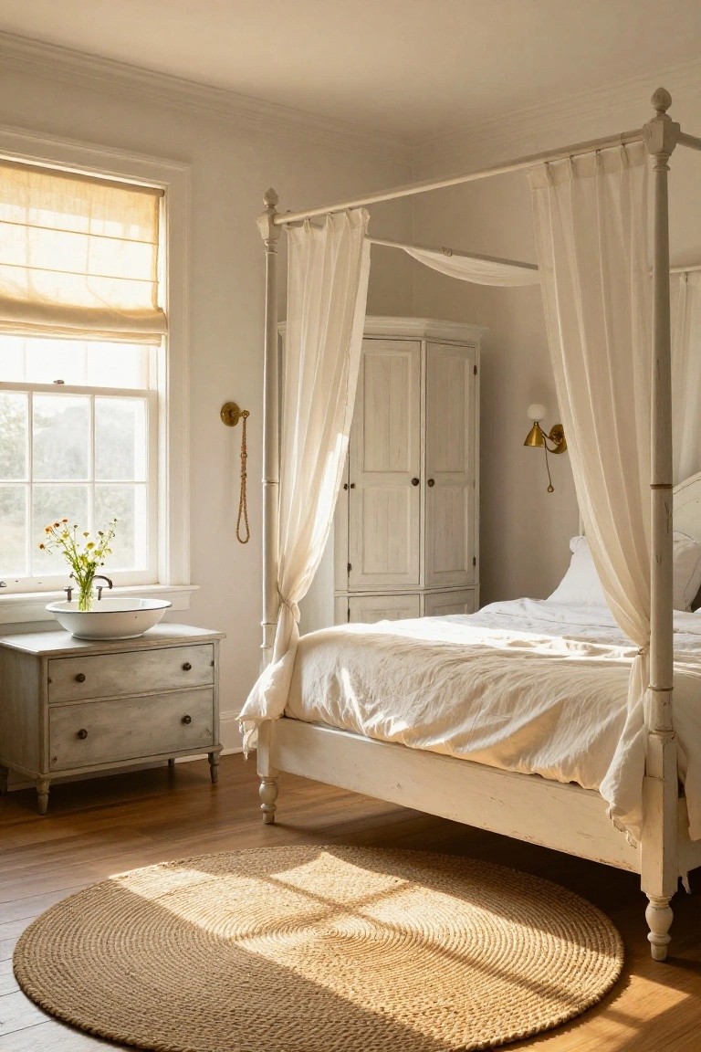 Sunlit bedroom with white canopy bed draped in sheer curtains, white armoire, distressed dresser holding a sink with flowers, and round seagrass rug on wood floor.
